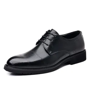 Classic men's black business formal leather shoes with embossed texture and lace-up design