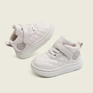 Cream high-top quilted toddler walking sneakers with soft non-slip soles for boys and girls