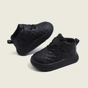 Black quilted high-top toddler walking shoes with non-slip soft soles, perfect for 1-3 years