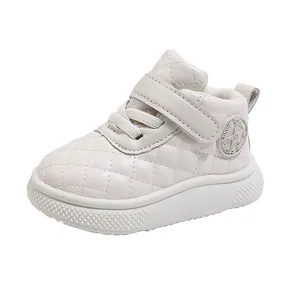 Quilted beige high-top baby walking shoes with soft anti-slip soles and velcro straps