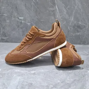 Retro brown suede German army trainers with breathable mesh and white flat sole