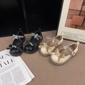 Girls Retro Princess Shoes Elegant Bowknot Rhinestone Pearl Mary Jane Flats Microfiber Non-slip Soft Sole Kids Party Dress Shoes