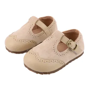 Elegant beige Mary Jane baby walking shoes featuring non-slip soft soles and T-strap buckle
