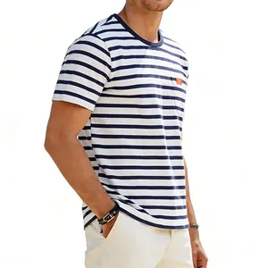 Classic men's navy and white striped oversize retro crew neck T-shirt with chest pocket