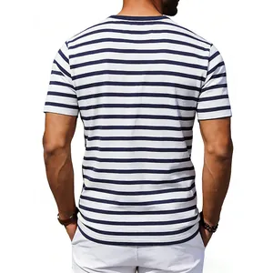Back view of a men's navy striped oversize t-shirt featuring a retro casual design