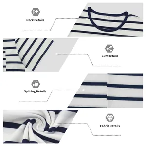 Detail view of a retro striped oversized t-shirt showing neck, cuff, and fabric texture