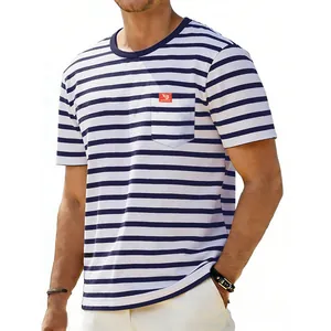 Detail view of men's oversize striped t-shirt with front chest pocket detail