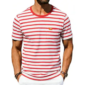 Close-up of men's red and white striped oversized t-shirt with chest pocket detail