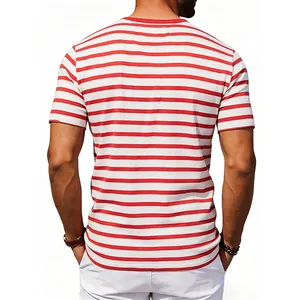 Back view of men's oversize red and white striped crew neck casual t-shirt