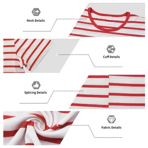 Close-up details of red and white striped cotton t-shirt showing neck, cuff and fabric texture