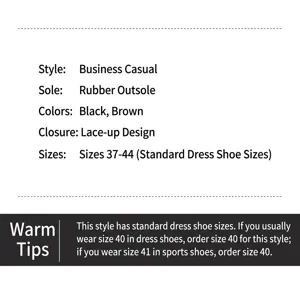 Produktspezifikationen für Herren Business-Freizeitschuhe inklusive Material und Größenberatung.