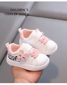 White and pink toddler walking shoes with cute bunny and caterpillar cartoon design