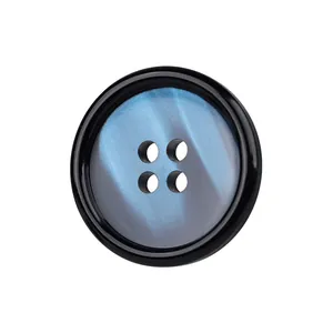 Premium four-hole resin button for clothing featuring blue marble texture and elegant black rim