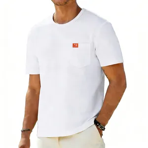 Detail of men's white oversize pocket t-shirt with minimalist design and relaxed fit