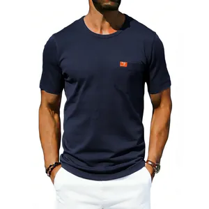Front view of men's navy blue oversized round neck T-shirt with a chest pocket