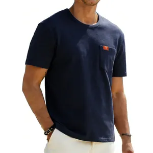 Detail shot of a navy blue oversized men's pocket t-shirt for retro casual wear.