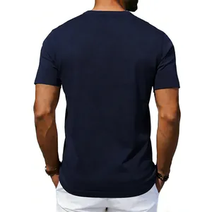 Back view of a men's navy blue casual oversize round neck short sleeve cotton T-shirt