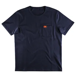 Front flat lay of a navy blue oversized men's pocket t-shirt with a round neck.