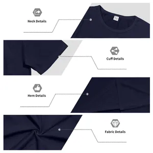 Detail views of navy blue oversize crew neck t-shirt showing neck, cuff and fabric