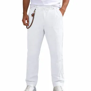 Detailed view of men's white linen straight-leg casual pants with drawstring waist.