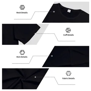 Detailed views of a black oversized t-shirt showing neck, cuff, hem, and fabric