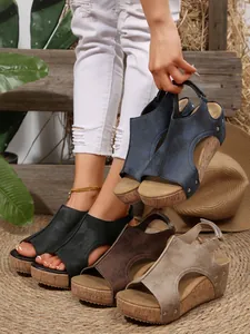 Fashionable multi-color wedge sandals featuring rivet accents and a peep-toe design