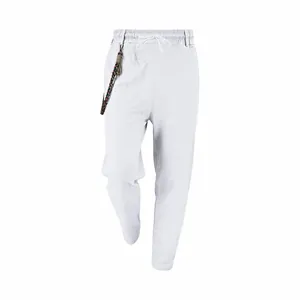 Men's loose white linen casual pants with drawstring waist and braided detail