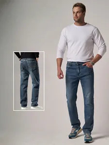 Front and back detail views of men's loose straight blue denim jeans for winter
