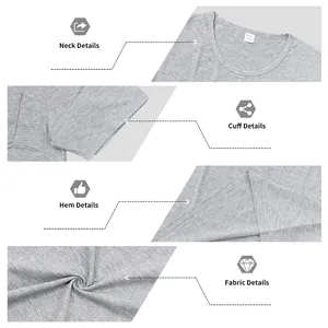 Detailed views of neckline, cuffs, hem and fabric texture of a gray oversized t-shirt