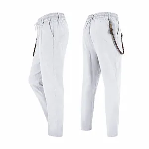 Detailed side and back view of men's loose white linen leisure straight-leg casual pants