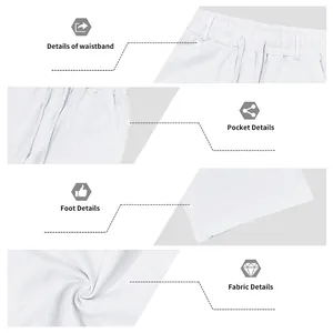 Detail shots of white men's loose linen trousers showing waistband, pockets, and fabric texture