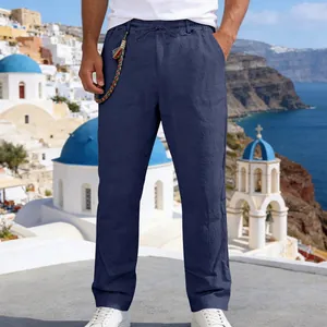 Stylish men's loose linen straight-leg pants with adjustable drawstring waist in navy blue