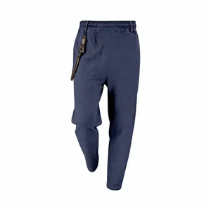 Men's navy blue loose linen casual pants with drawstring waist and braided detail