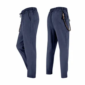 Dual view detail of men's navy blue loose linen casual straight-leg trousers.