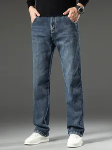 Classic men's blue straight-leg denim jeans with loose fit for casual daily wear comfort