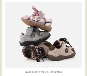 Stacked toddler walking shoes with soft soles in pink, grey, and brown color options.