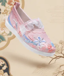 Detailed view of pink girls' Hanfu embroidered shoes with floral patterns and ruffles