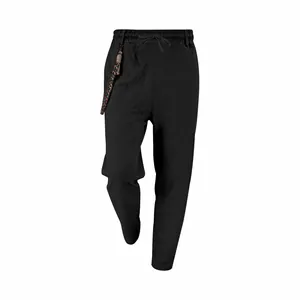 Detailed view of men's breathable loose linen straight-leg casual trousers in black.