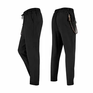 Detailed back and side view of men's black loose linen straight-leg casual pants