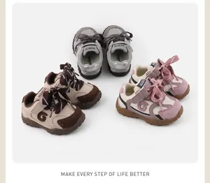 Detailed view of toddler walking sneakers in different colors with soft soles and straps.