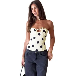 Sexy polka dot strapless tube top for women with hollow out front and bow tie detail