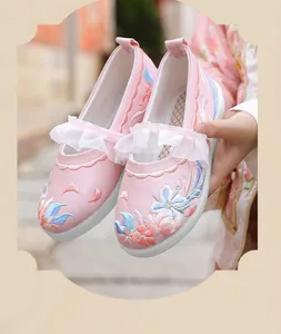Detailed view of pink traditional Chinese embroidered shoes for girls with lace strap