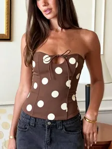 Sexy brown polka dot corset tube top with hollow tie detail and slim fit design