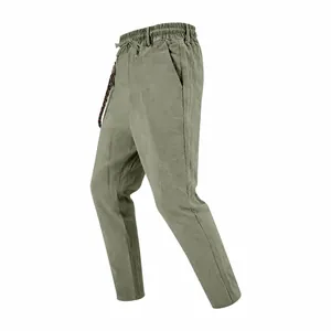 Side view of men's loose linen casual straight-leg pants with elastic drawstring waist