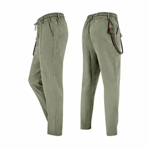 Detailed side and back view of men's relaxed fit linen casual trousers in olive green finish.
