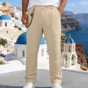 Men's loose beige linen casual pants featuring a drawstring waist and straight leg fit.