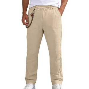 Men's loose linen casual straight-leg pants with elastic drawstring waist in khaki