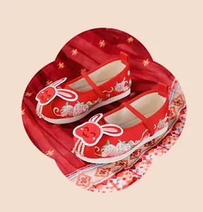 Traditional red Hanfu embroidered shoes for girls with cute rabbit and strawberry details