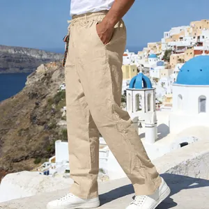Men's loose linen straight-leg casual pants in khaki color for summer resort style.