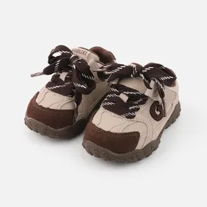 Beige and brown patchwork baby walking shoes with soft soles and breathable mesh